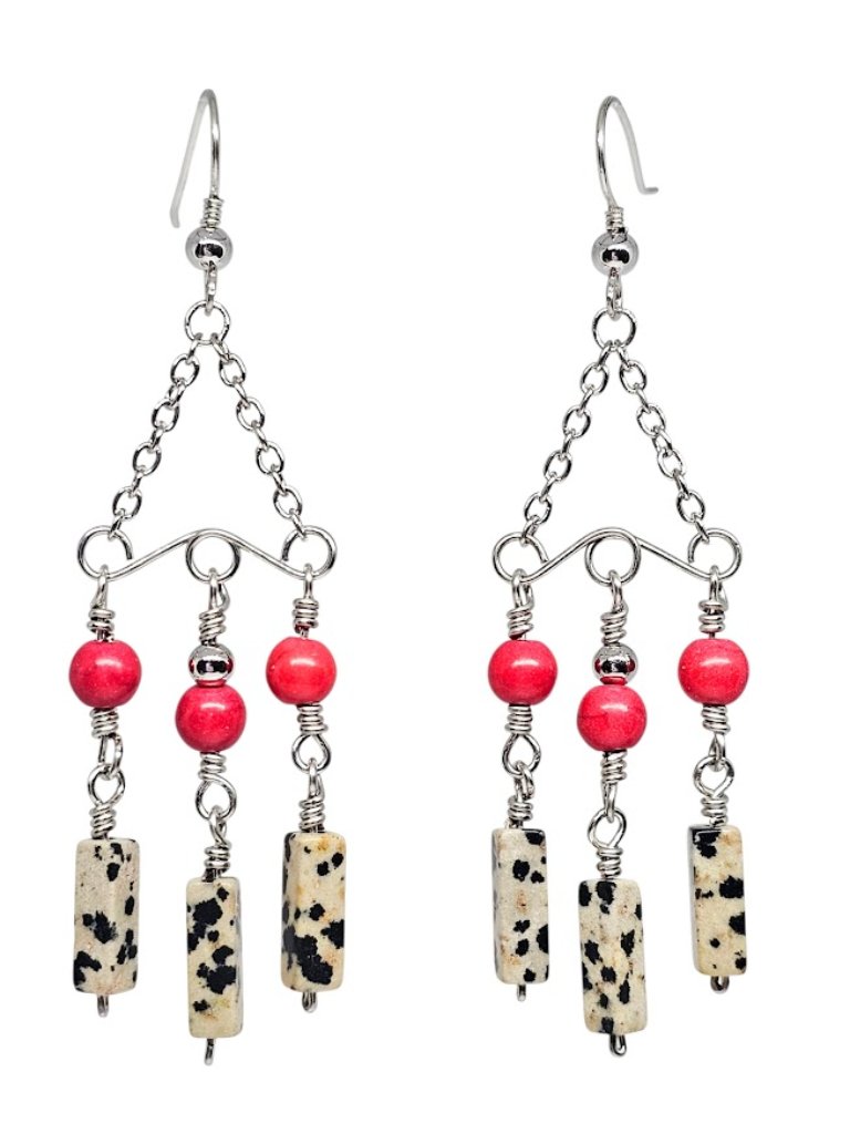 Dalmatian Jasper Chandelier Earrings Red Beaded Silver Tone Boho Handmade
